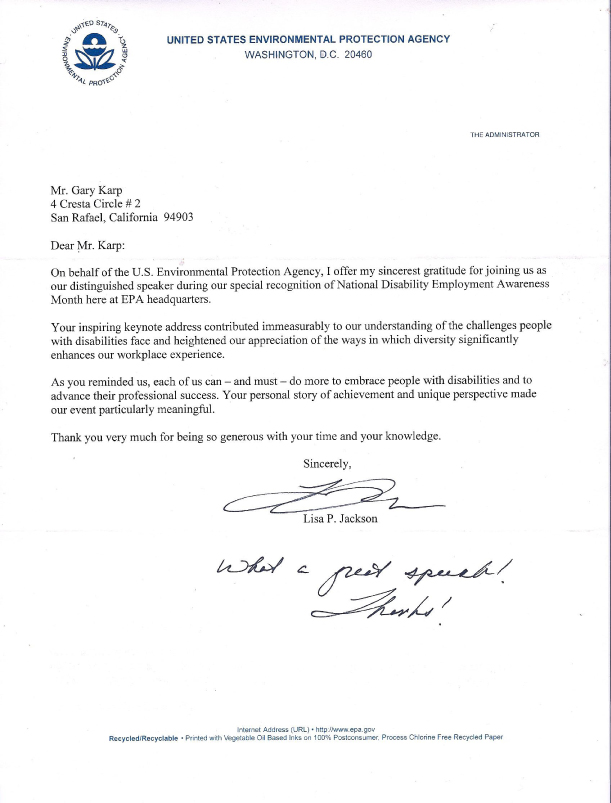 Image of U.S. EPA testimonial letter. Click for text version.