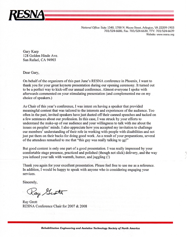 Image of RESNA testimonial letter. Click for text version.