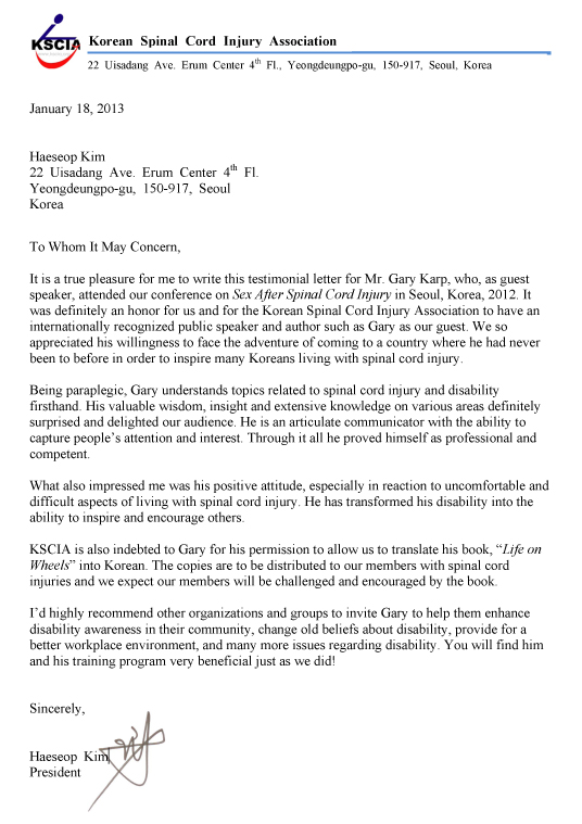 Korean Spinal Cord Injury Association testimonial letter (click for text version)